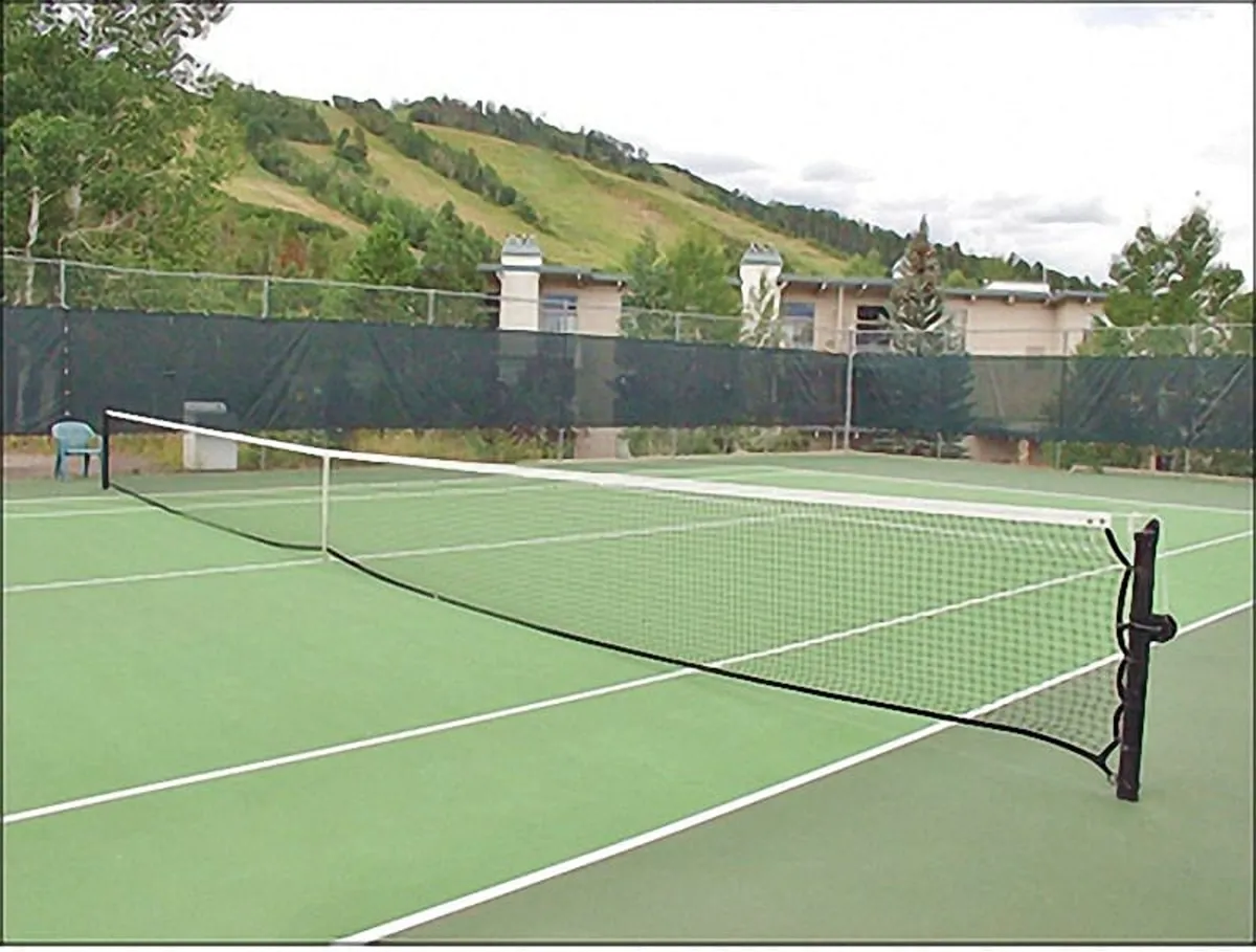 An exterior shot of a tennis court framed by a tennis net, seating area, and scenic background hills. The scene is energetic, suggesting outdoor activity and summer fun.